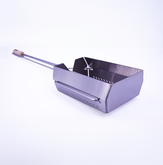 Ultimate campfire roaster with rotating skewer and shielding pan. Stainless steel for great quality.